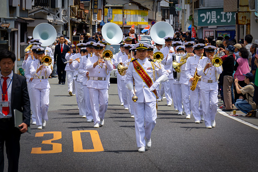 Shimoda, Shizuoka Prefect / Japan - May 18, 2019:  The Japan Maritime Self-Defense Force (JMSDF) Band on the march at the Black Ship Festival.