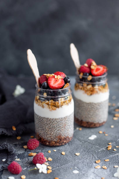 istock Chia pudding with yogurt, granola and fresh berries. Selective focus. 1160650294