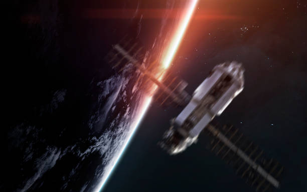 istock Spacecraft in front of the Earth Planet. Satellite. Science fiction art. Elements of this image furnished by NASA 1160659488