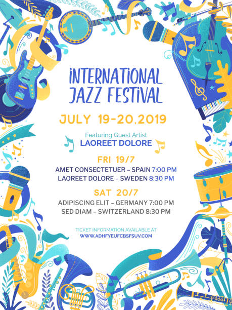 International music contest poster vector template International music contest poster vector template. Jazz and blues festival promotional web banner with text space. Country, folk and rock concert brochure. Cultural event advertising flyer layout performance illustrations stock illustrations