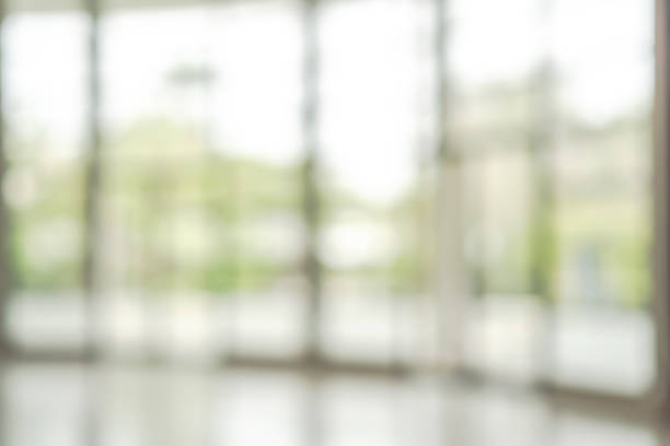 istock Office building lobby hall blur background or blurry school hallway corridor interior view looking toward empty corridor entrance, glass curtain wall and floor with exterior light illumination 1160659563