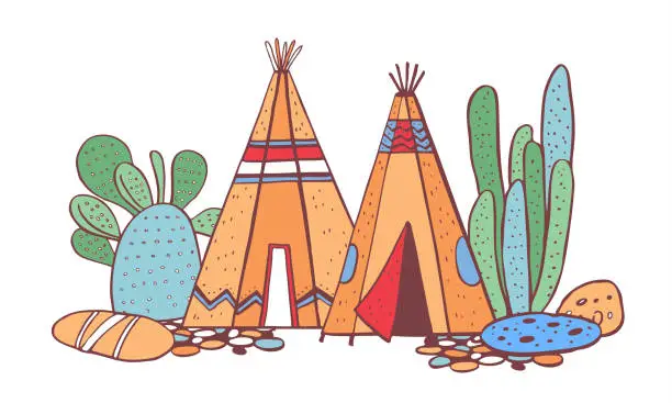 Vector illustration of Native American indians traditional village. Two wigwams and cactuses. Vector color hand drawn outline doodle sketch illustration