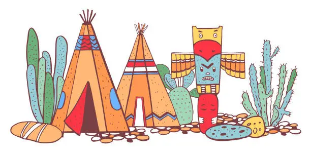 Vector illustration of Native American indians traditional village. Two wigwams, totem pole and cactuses. Vector color hand drawn outline doodle sketch illustration