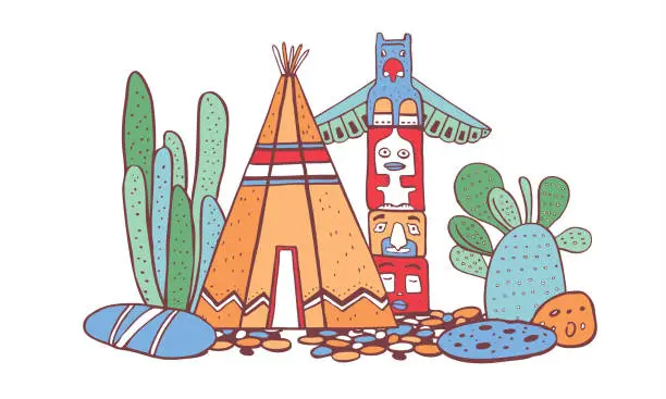 Vector illustration of Native American traditional village. Tipi, totem pole and cactuses. Vector color hand drawn outline doodle sketch illustration