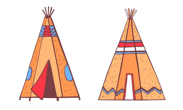 Vector illustration of Native American indians traditional tipies. Two color wigwams. Vector hand drawn outline doodle sketch illustration