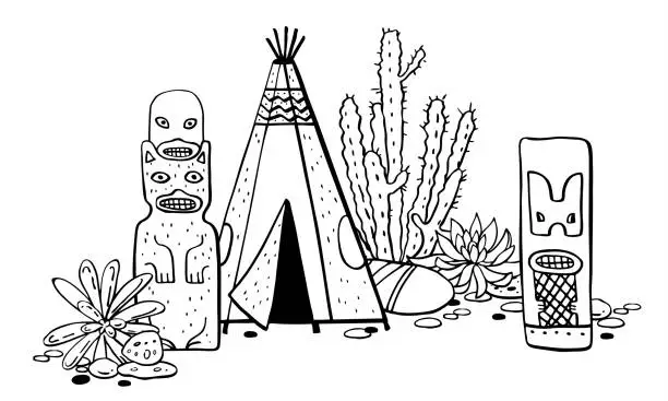 Vector illustration of Native American traditional settlements. Tipi, totem poles and cactuses. Vector hand drawn outline doodle sketch illustration