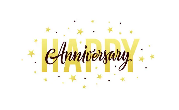 Vector illustration of Happy anniversary. Gold, white, black design template for birthday or wedding invitation, party decoration. Greeting card, banner with happy anniversary text, stars and confetti. Vector illustration
