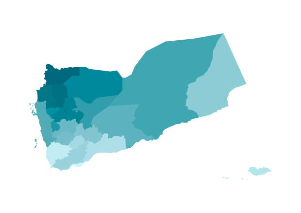 wektor izolowane ilustracja uproszczonej mapy administracyjnej jemenu. granice regionów (gubernatorów). kolorowe niebieskie sylwetki khaki - mosque of al bayda stock illustrations