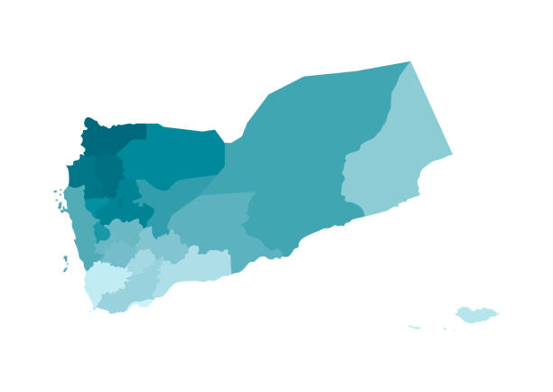 векторная изолированная иллюстрация упрощенной административной карты йемена. границы регионов (губернаторов). красочные синие силуэты х� - mosque of al bayda stock illustrations
