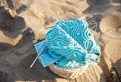 istock knitted cloth made of blue color yarn with metal spokes in a basket of natural vines on the beach 1160661235