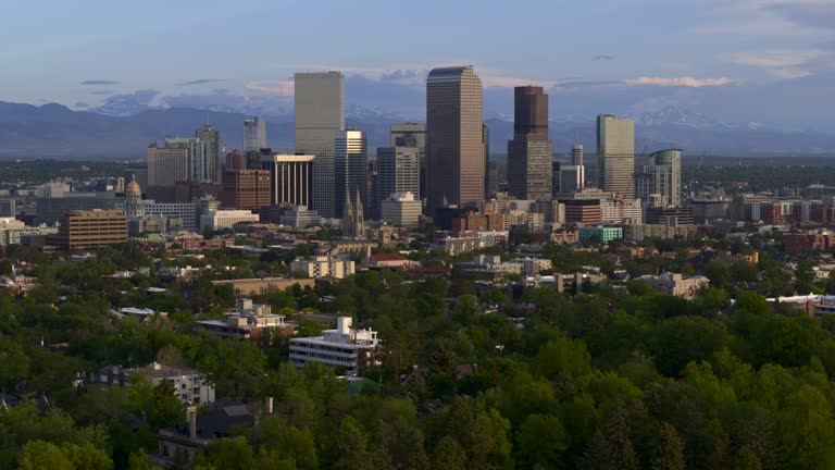 Aerial view rising above downtown Denver