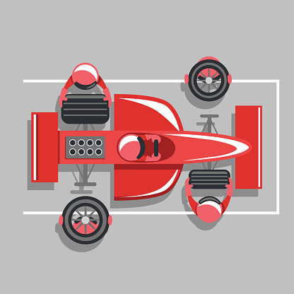 Vector cartoon illustration of a open-wheel single-seater racing car or indy car pit crew team changing a set of tires on a red race car. Bird's eye view.