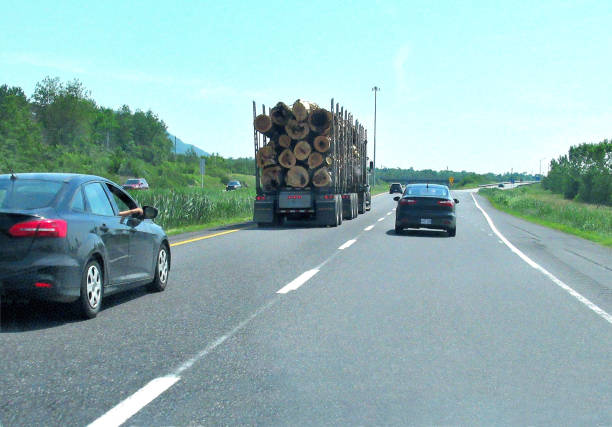 교통, "무겁게로드 세미 트레일러 트럭, 자동차를 통과 " - lumber industry truck truck driver log 뉴스 사진 이미지