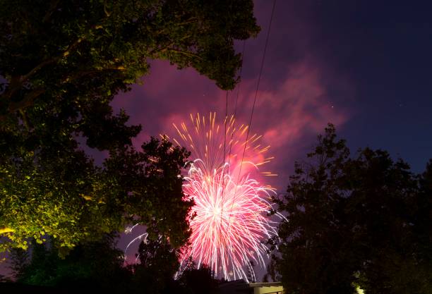 firework show illuminating sky of residential neighborhood This image shows a late night beautiful firework show illuminating the sky of a residential neighborhood. firework explosive material photos stock pictures, royalty-free photos & images