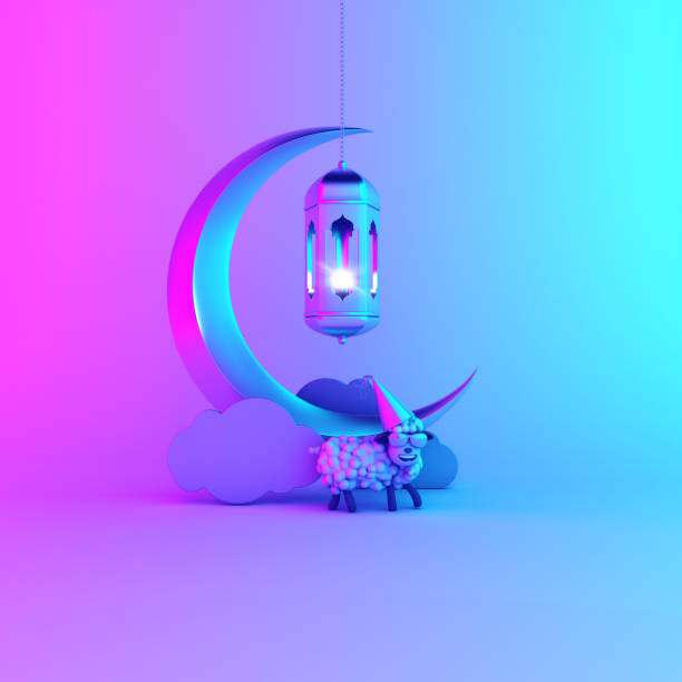 istock Sheep, cloud, crescent moon, hanging arabic lamp on studio lighting blue pink gradient background. 1160671987