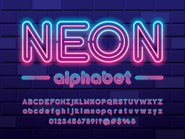 neon font Glowing neon light alphabet design with uppercase, lowercase, numbers and symbol Text stock illustrations
