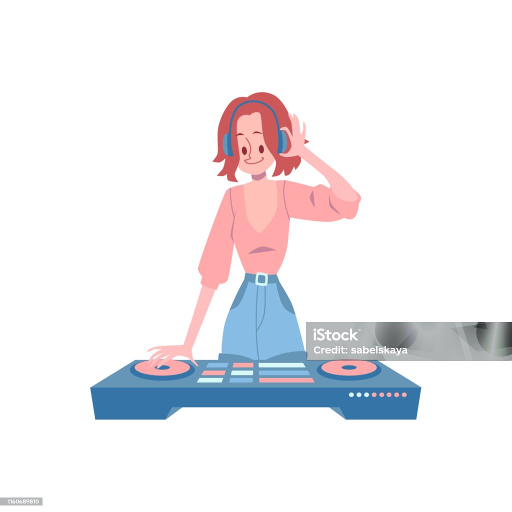 Woman Stands At Dj Console And Holding Headphones On Her Head Cartoon Style  Stock Illustration - Download Image Now - iStock