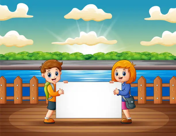 Vector illustration of Children holding blank sign at the wooden pier