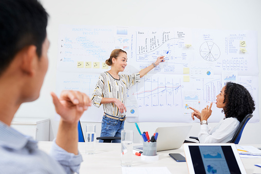 Positive businesswoman pointing at chart on whiteboard and explaining new strategy to coworkers