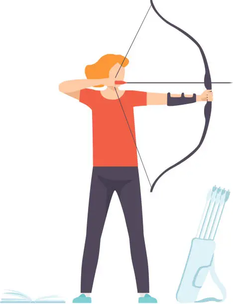 Vector illustration of Male Archer Standing with Bow and Aiming to Target, Hobby, Active Sport Lifestyle Vector Illustration