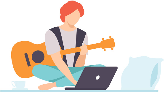 Young Man Playing Guitar, Guy Learning Guitar Through Internet Course Using Laptop Comuter, Online Education, Hobby Vector Illustration on White Background.