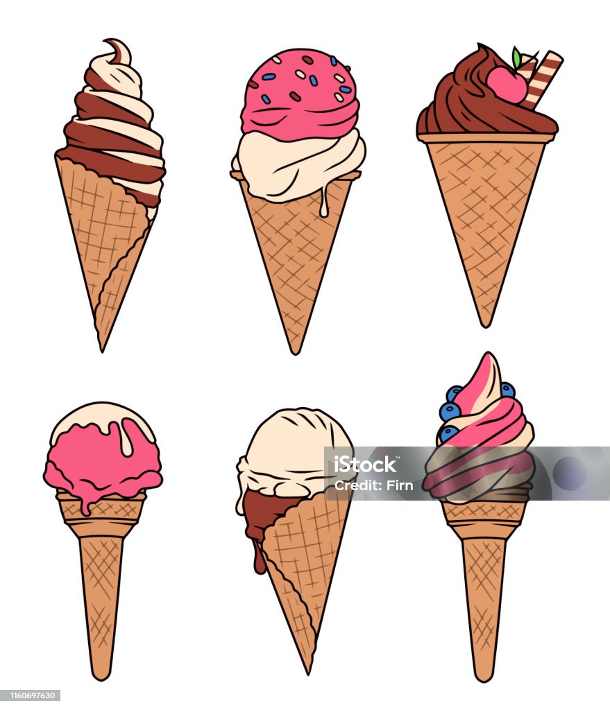 Set Of Cute Delicious Looking Cartoon Ice Cream Cones Vector Illustration  Set Stock Illustration - Download Image Now - iStock