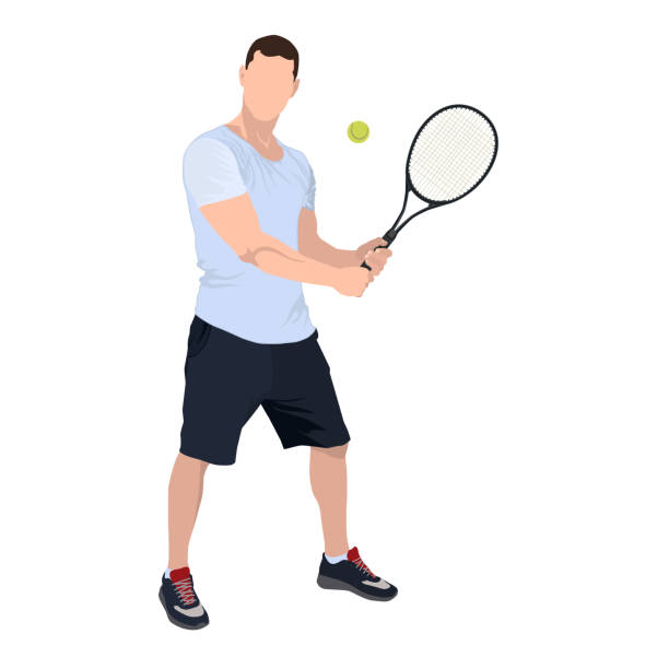 illustrazioni stock, clip art, cartoni animati e icone di tendenza di tennista con palla e racchetta, illustrazione piatta vettoriale isolata - tennis court tennis racket forehand