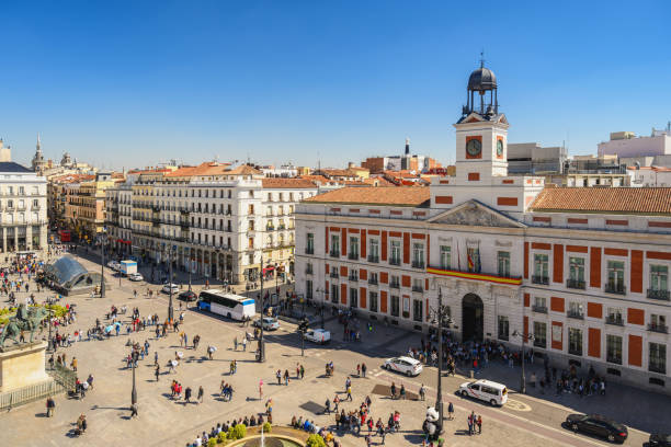 Madrid Spain, aerial view city skyline at Puerta del Sol stock photo