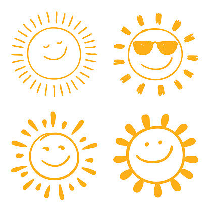 Happy smiling sun. Set of four variations. Vector design elements. Hand drawn images on a white background.