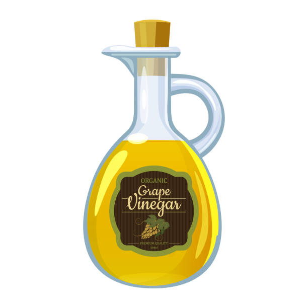 balsamico-essig in glasflasche, etikett haufen von dunklen trauben.. vektor-illustration cartoon flachen stil isoliert auf weißem hintergrund - vinegar bottle balsamic vinegar cruet stock-grafiken, -clipart, -cartoons und -symbole