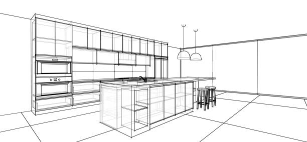innenarchitektur skizze : moderne küche - heating plant stock-fotos und bilder