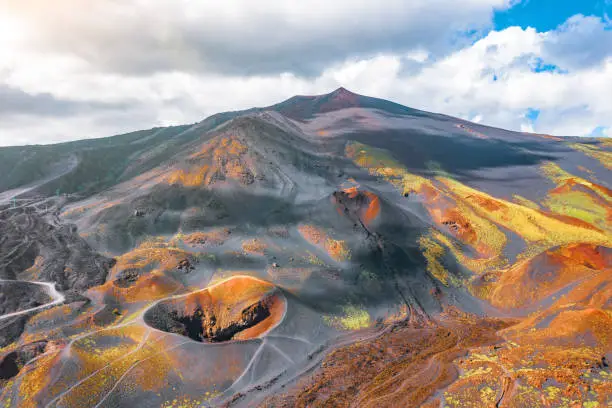 Photo of View of the active volcano Etna, extinct craters on the slope, traces of volcanic activity.