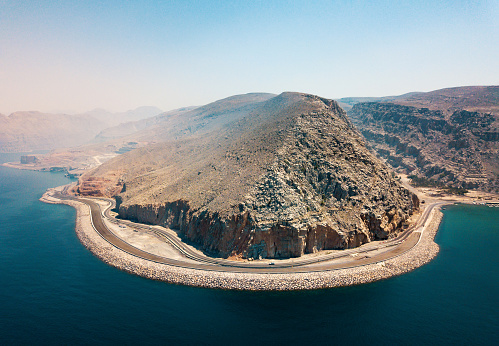Scenic coastal highway and fjords of Musandam in Oman aerial view