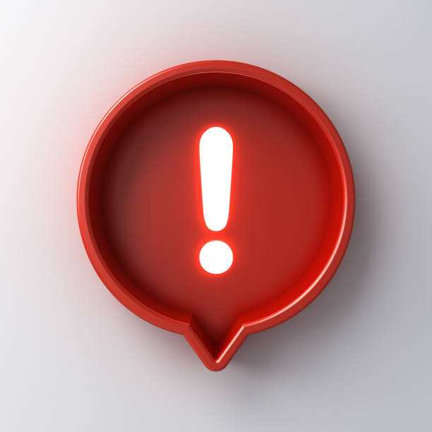 istock 3d social media notification neon light Exclamation mark icon in red round box pin isolated on white background with shadow 1160702586