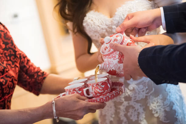 Newlywed serving tea to elder on Chinese traditional tea ceremony