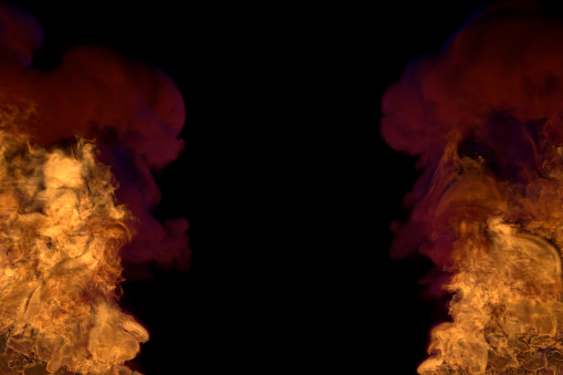 mystical fiery fireplace on black, frame with dense smoke - fire from image left and right corners - fire 3D illustration