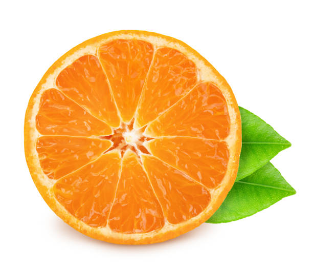 istock Half of mandarin with leaves isolated on white background. 1160708356