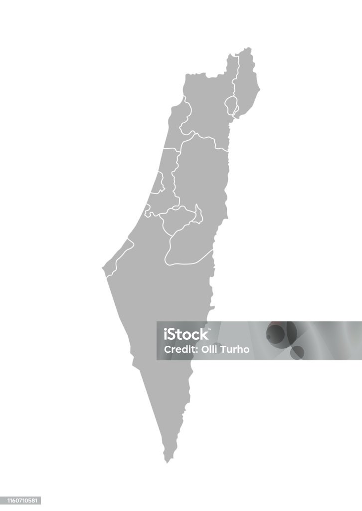 Ilustración aislada vectorial del mapa administrativo simplificado de Israel. Fronteras de los distritos (regiones). Siluetas grises. Esquema blanco - arte vectorial de Israel libre de derechos