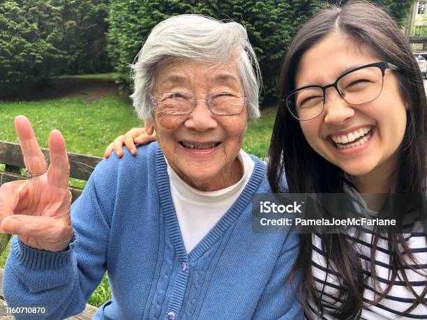 Asian Grandmother And Eurasian Granddaughter Smiling For Photo On Bench Stock Photo - Download Image Now
