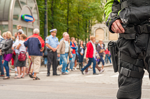 Oslo, Norway - July 24 2011: Armed police guarding the streets of Oslo.