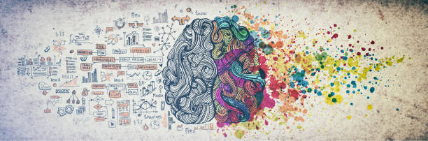 istock Left right human brain concept, textured illustration. Creative left and right part of human brain, emotial and logic parts concept with social and business doodle illustration of left side, and art paint splashes of the right side 1160711855