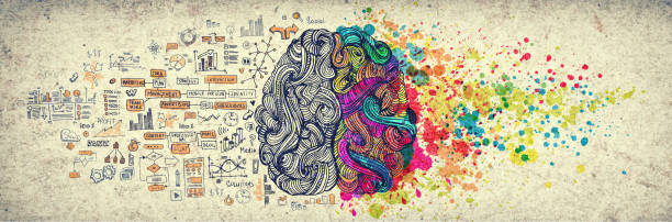 istock Left right human brain concept, textured illustration. Creative left and right part of human brain, emotial and logic parts concept with social and business doodle illustration of left side, and art paint splashes of the right side 1160711856
