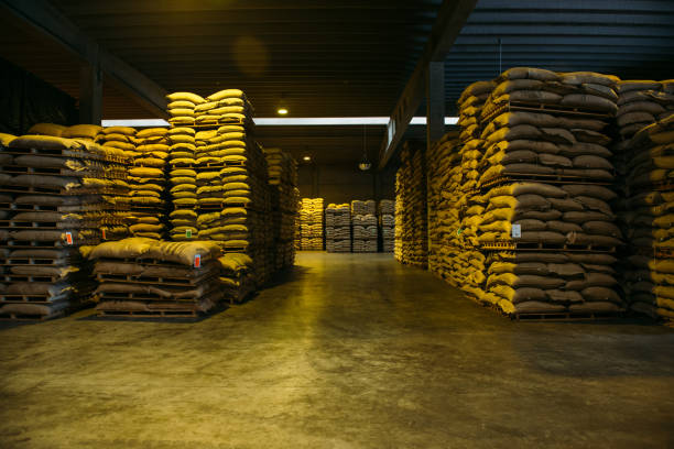 kaffeeaufbewahrung in antwerpen, belgien - coffee sack bag warehouse stock-fotos und bilder