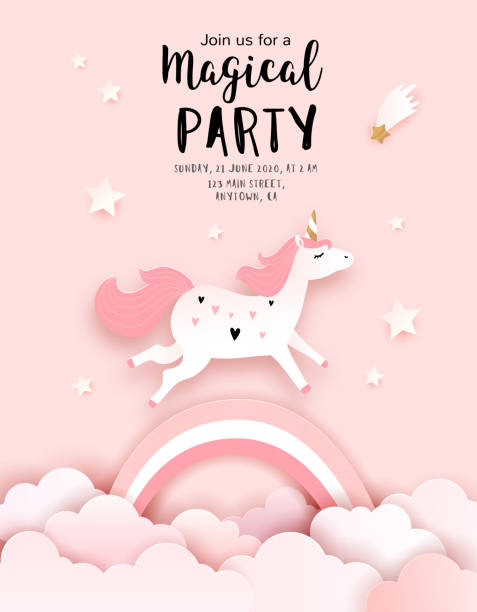 ilustraciones, imágenes clip art, dibujos animados e iconos de stock de plantilla de invitación de cumpleaños de unicornio. - little girls