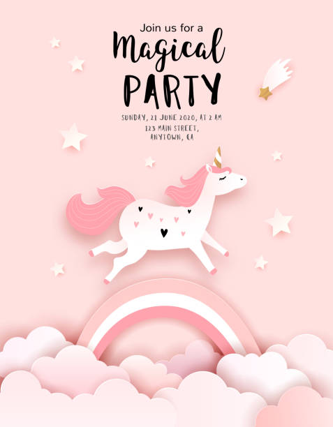 Unicorn Birthday Invitation Template. Unicorn Birthday Invitation Template, Welcome baby greeting card, vector paper art unicorn stock illustrations