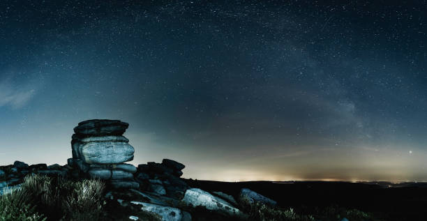 istock Nightscape Peak District panorama.Milky way over rock formation. 1160712312