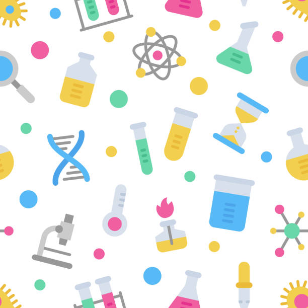 ilustrações, clipart, desenhos animados e ícones de teste padrão sem emenda do vetor colorido do laboratório da ciência da química - bacterium virus magnifying glass green