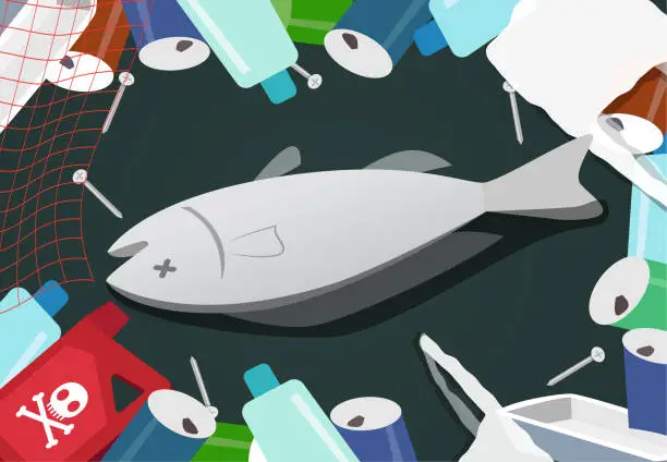 Vector illustration of Corpse fish in pile of junk at sea pollution