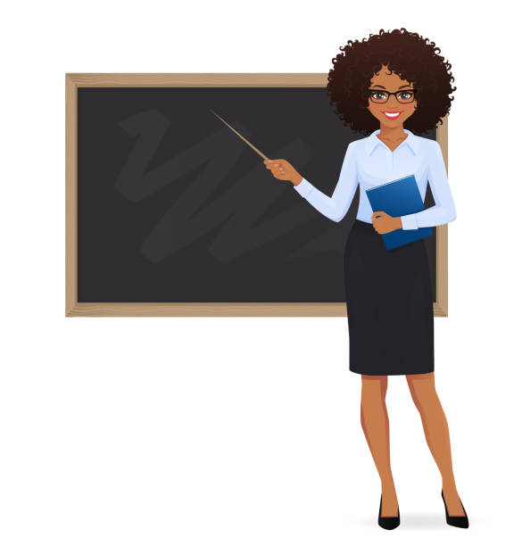 Teacher at blackboard Female teacher at blackboard with copy space showing something using pointer stick isolated vector illustration teacher stock illustrations