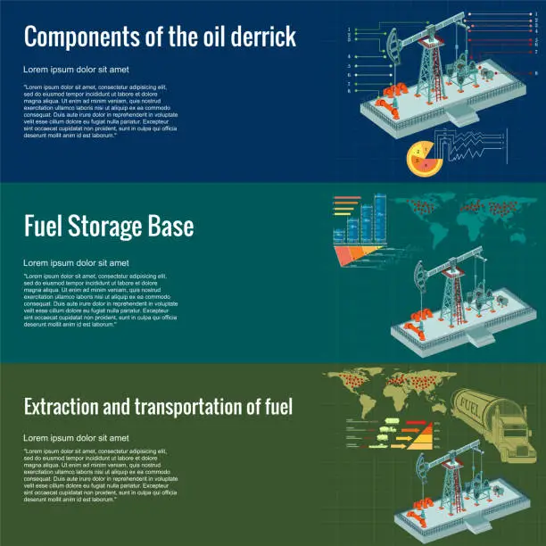 Vector illustration of Oil derrick construction and component, fuel storage, extraction and transportation business planning profitable idea. Three flat concept background for you business